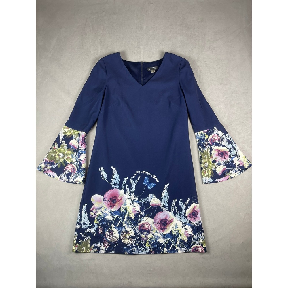 Tahari Arthur S. Levine Navy Blue Floral Bell Sleeve Shift Dress Size 4 Poppy
